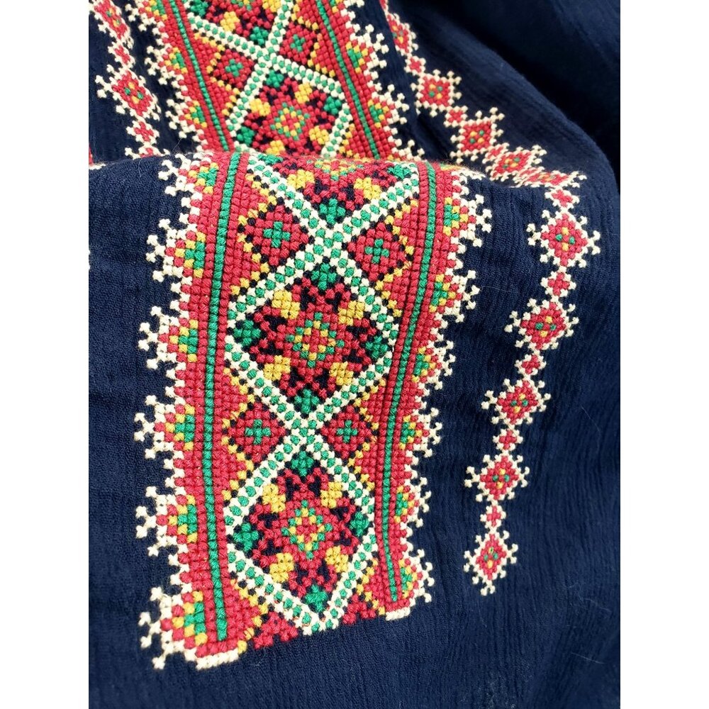 Ukrainian Traditional Blouse XXL Navy Colorful Geometric CrossStitch Embroidery - Picture 6 of 11